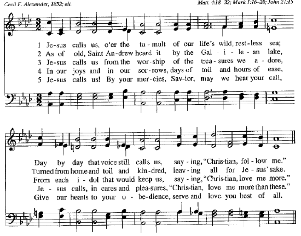 Music and lyrics to Jesus Calls us O'er the Tumult
